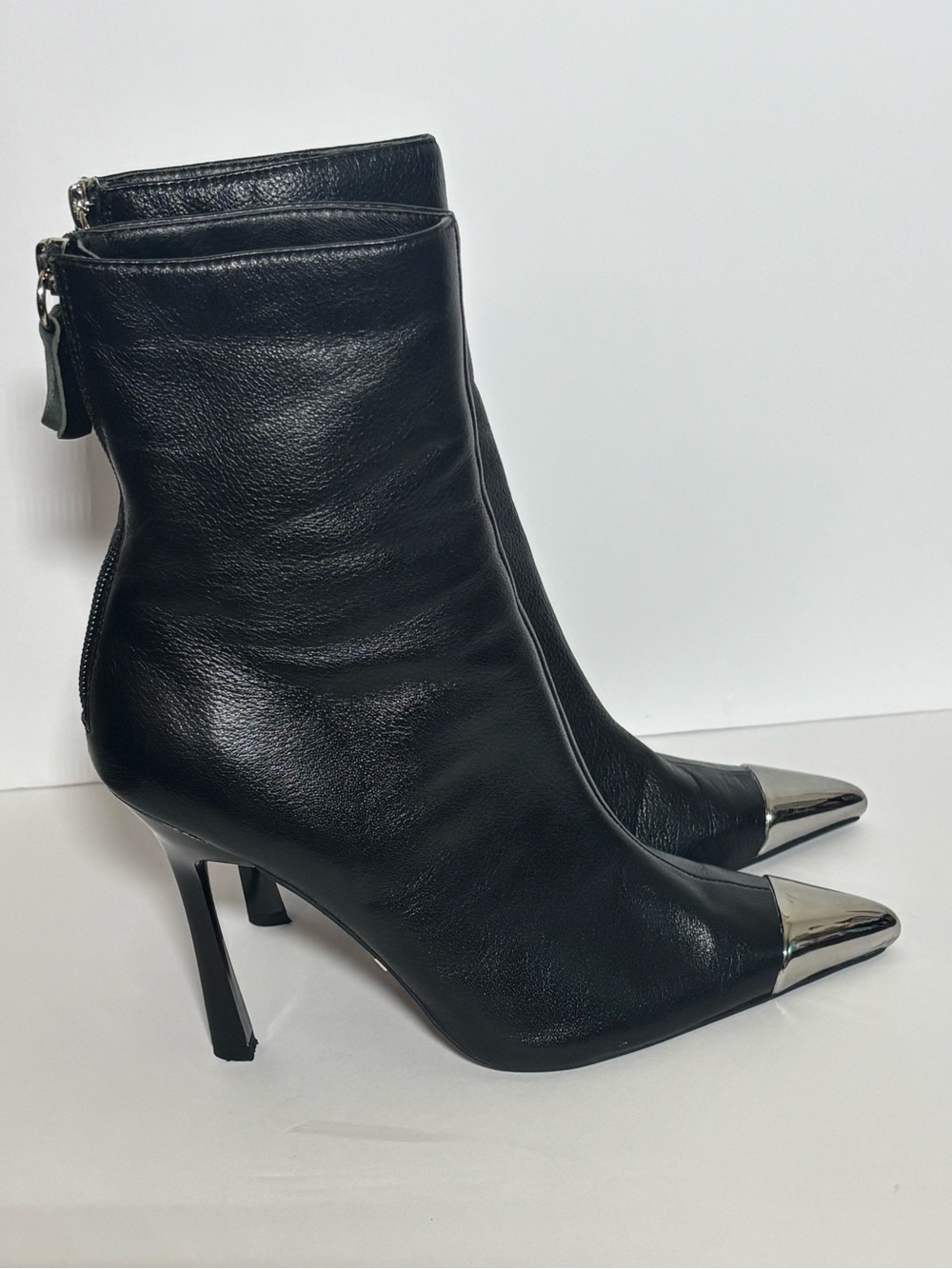 Topshop Black Leather Ankle Boots with Silver Toe